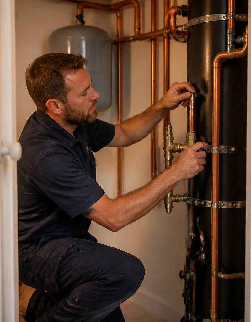 Plumber fitting copper pipework for a vertical wastewater heat recovery system in a home utility room
