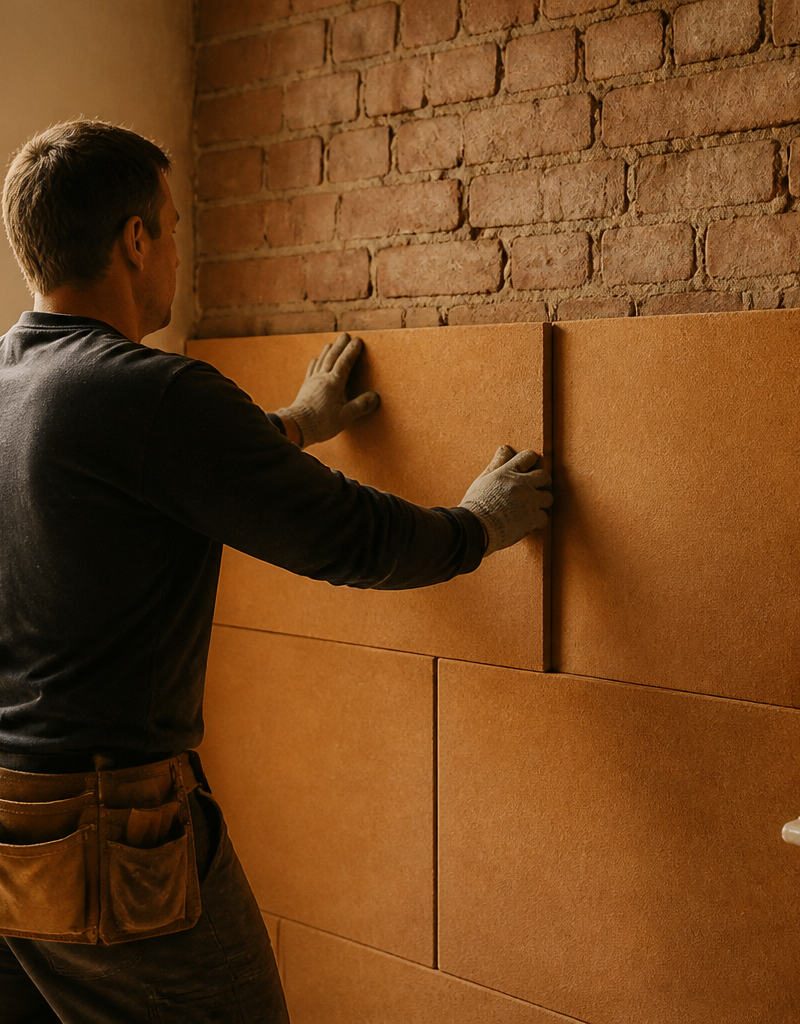 Installer attaching internal wall insulation boards to a solid brick wall inside a UK home