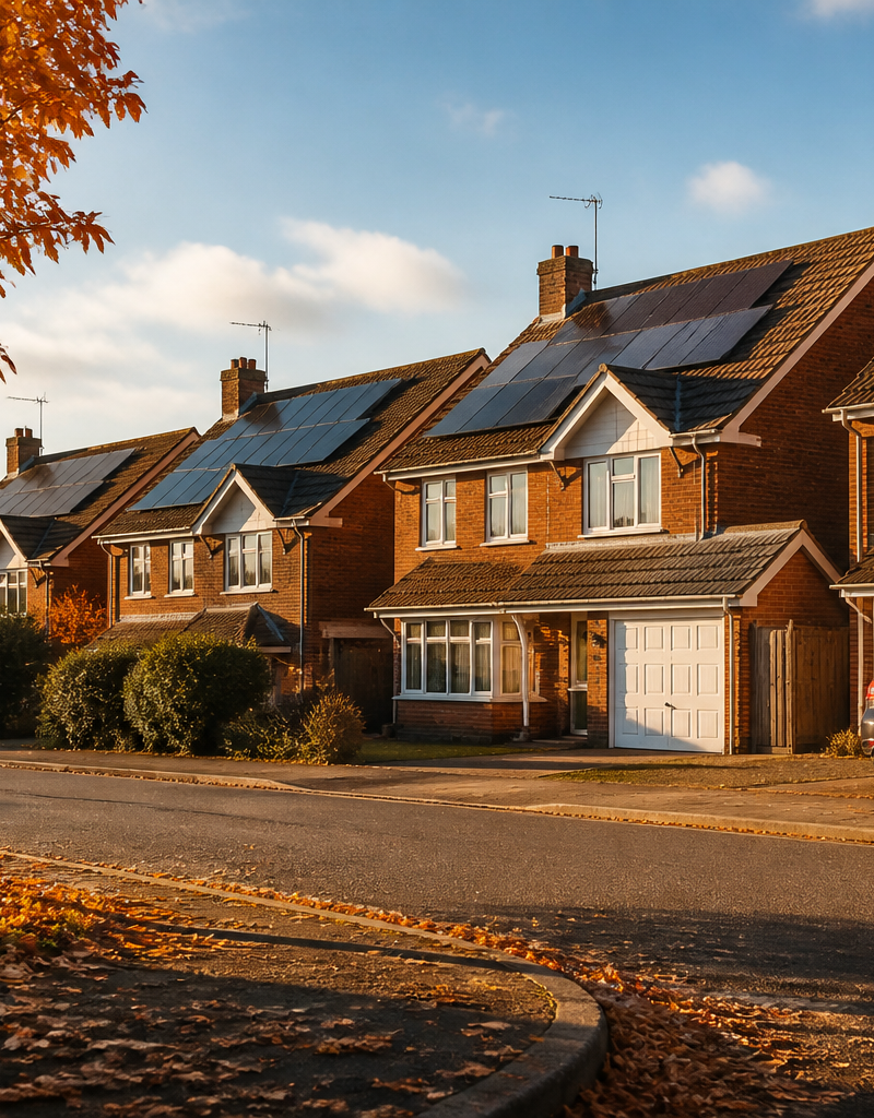 British suburban houses with rooftop solar panels under a clear autumn sky