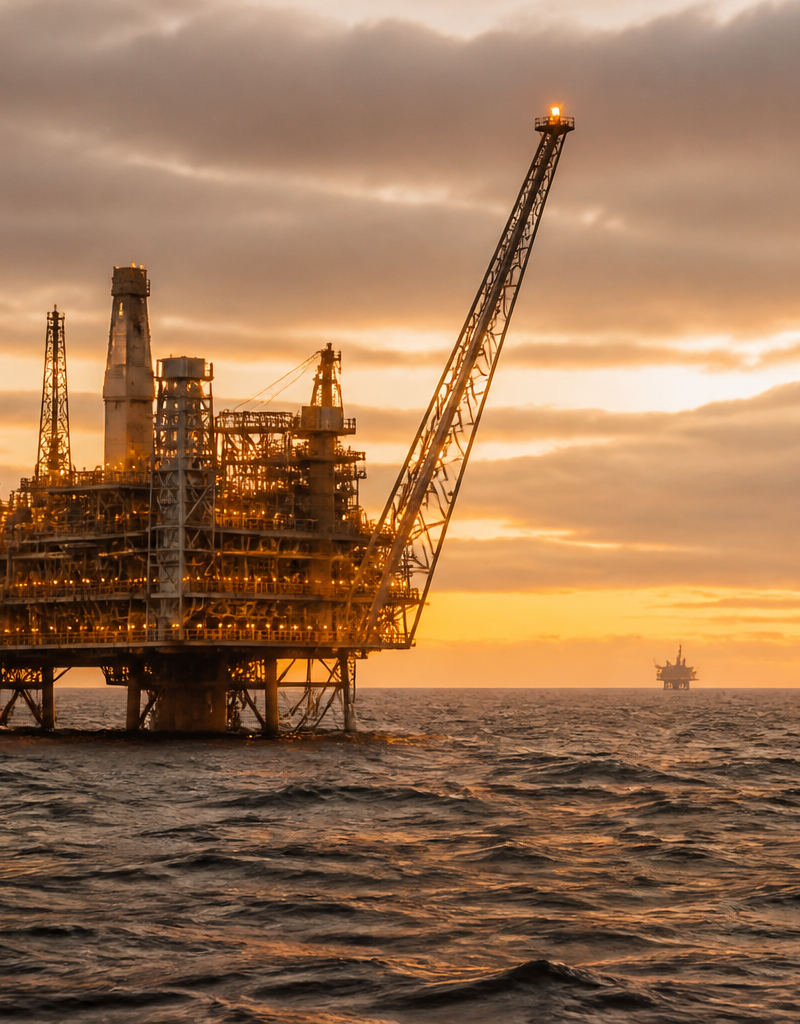 An offshore gas production platform in the North Sea under overcast skies.