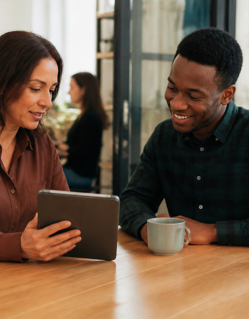 An HR manager and an employee reviewing benefit options on a tablet in a bright UK office.