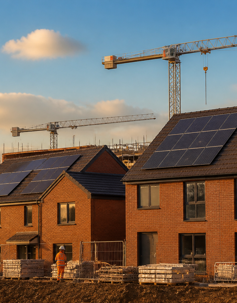 New UK housing development construction site with solar roof panels.