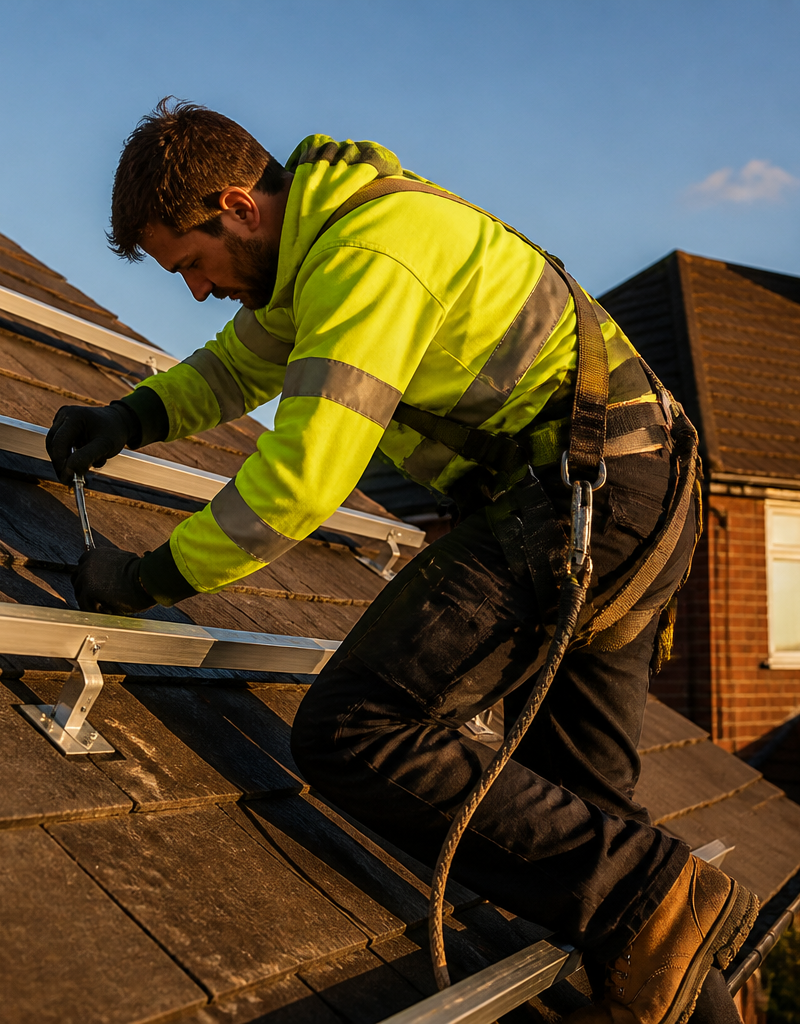 A solar installer securing mounting rails on a pitched slate roof of a UK house.