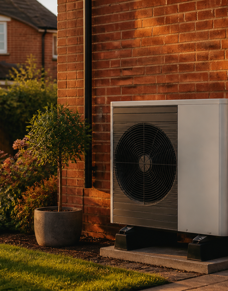 An outdoor heat pump unit mounted beside a brick house wall near a timber boundary fence.