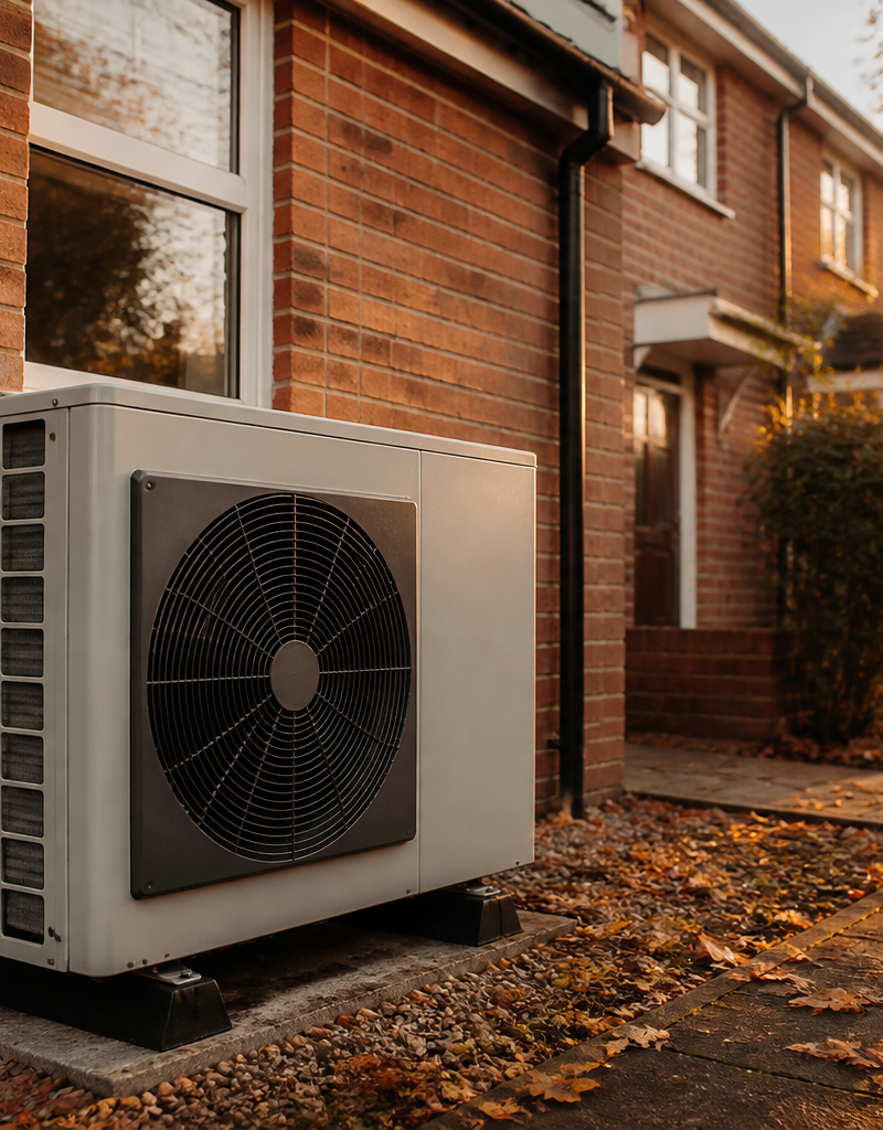 An air source heat pump unit installed outside a modern red-brick house in the UK.