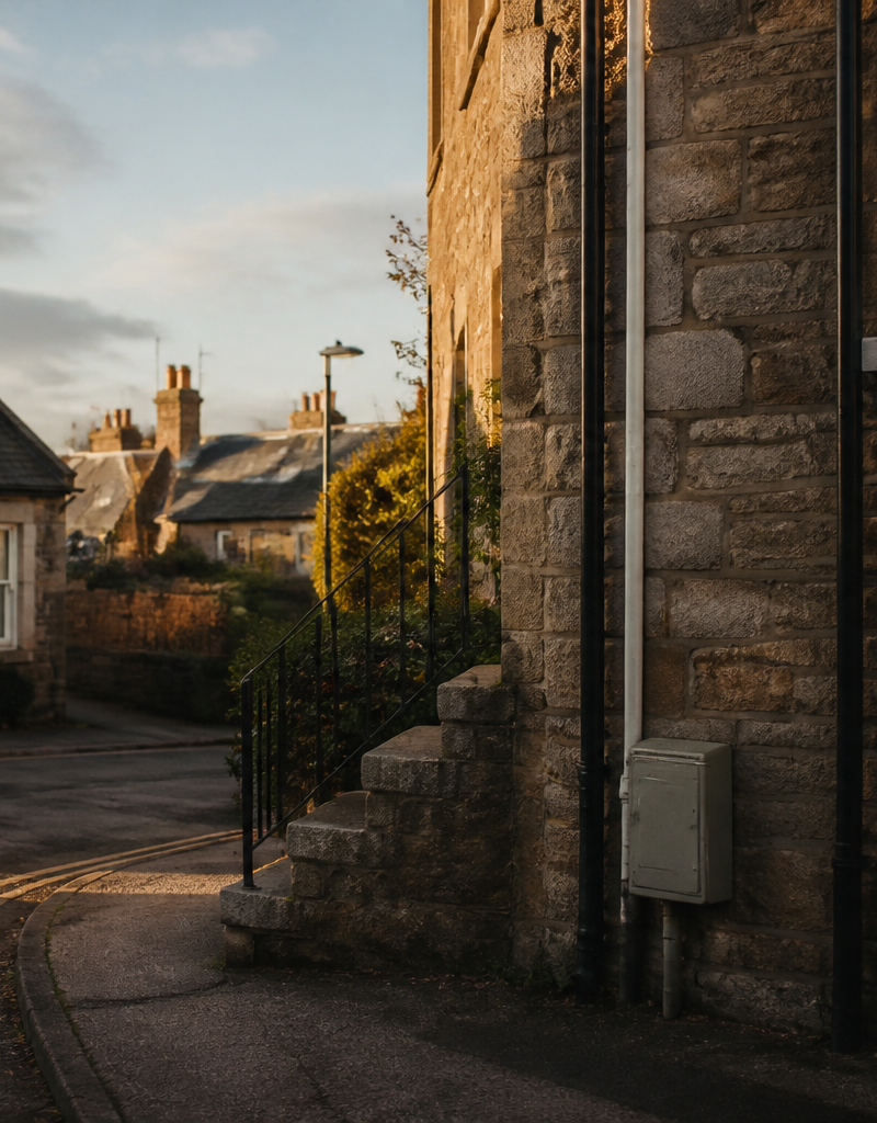 Scottish stone terraced houses with clear rooflines and domestic utility fittings.