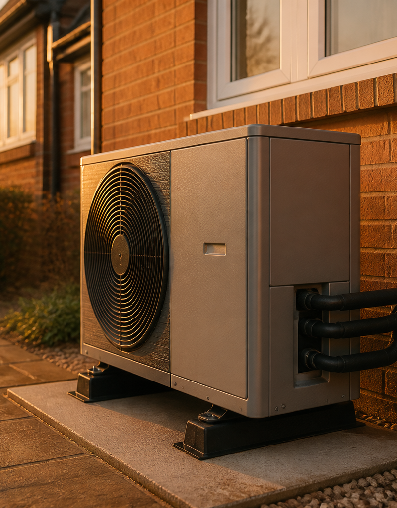 Air source heat pump unit installed outside a modern UK brick home.