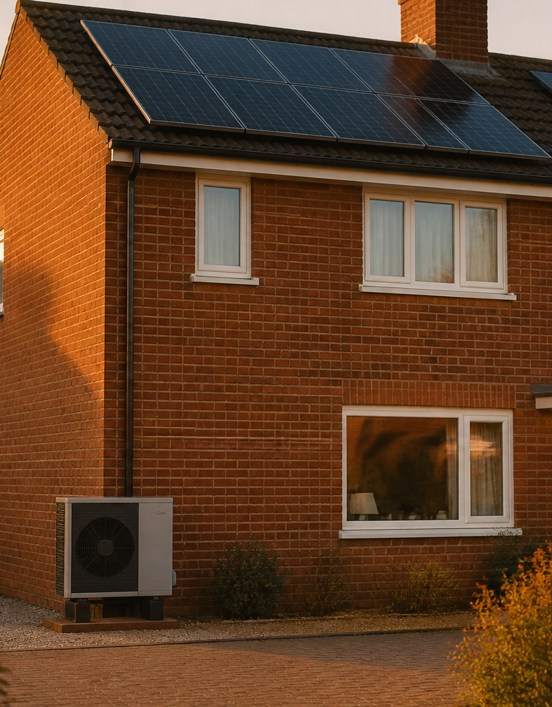 A modern UK home equipped with roof solar panels and an air source heat pump.