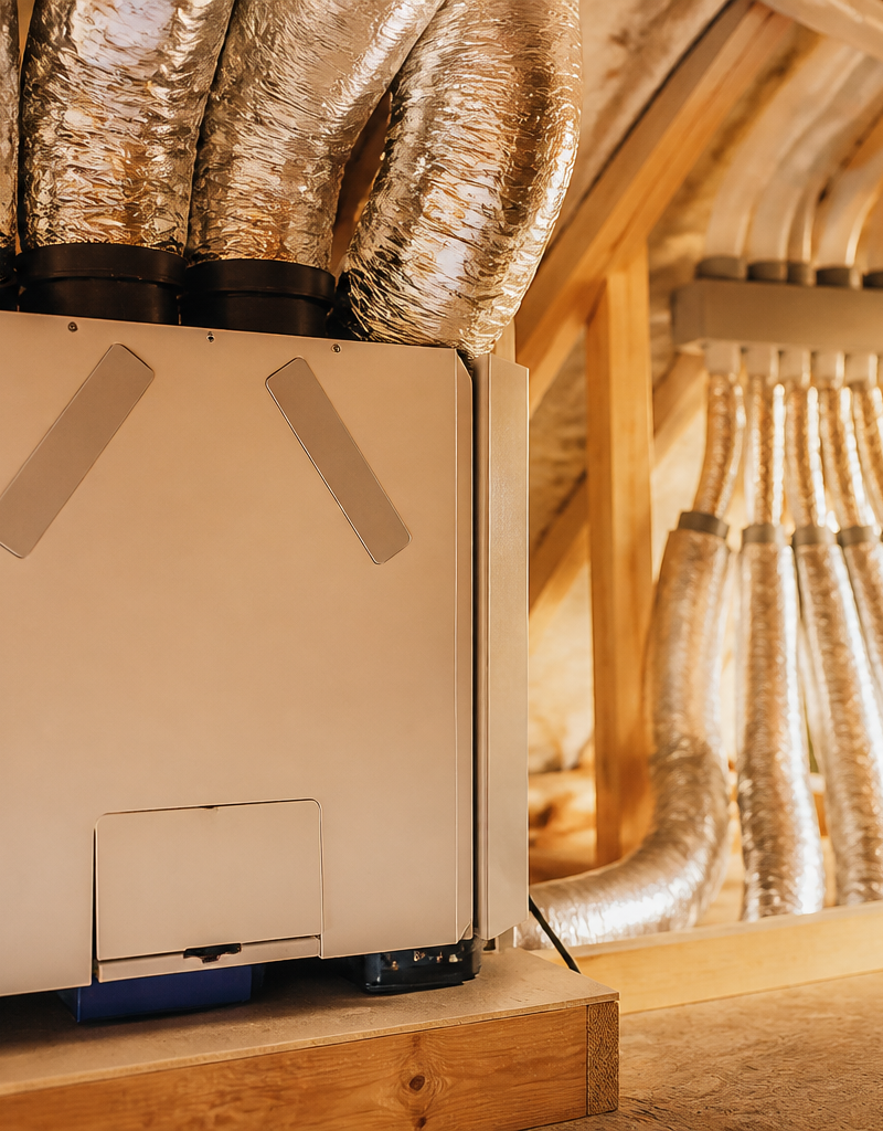 An installed MVHR unit with insulated ductwork in a tidy UK loft space