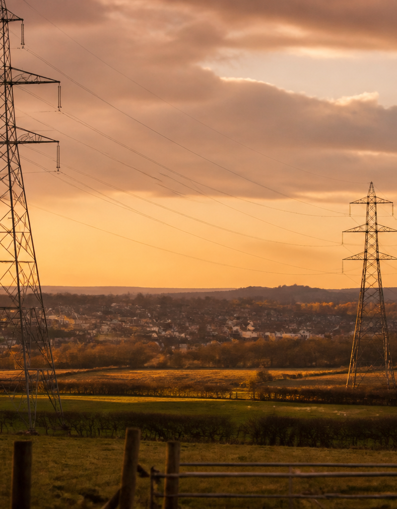Electricity pylons standing in a UK field near a modern suburban housing estate.