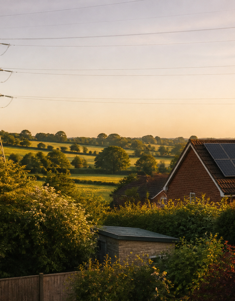 An electricity transmission tower near a modern UK house fitted with rooftop solar panels.