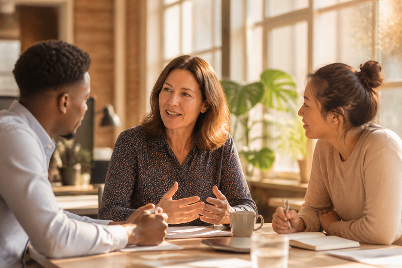 An HR director speaking with two colleagues over coffee in a bright modern UK workplace.
