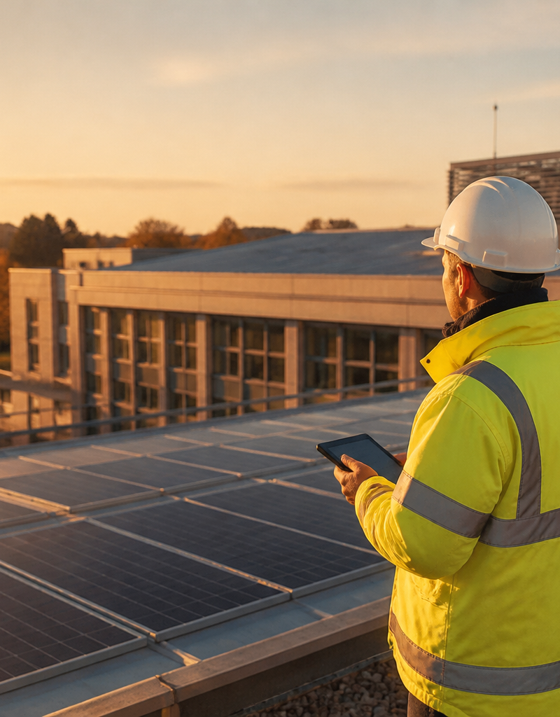 An engineer inspecting modern solar panels on a UK public council building roof.
