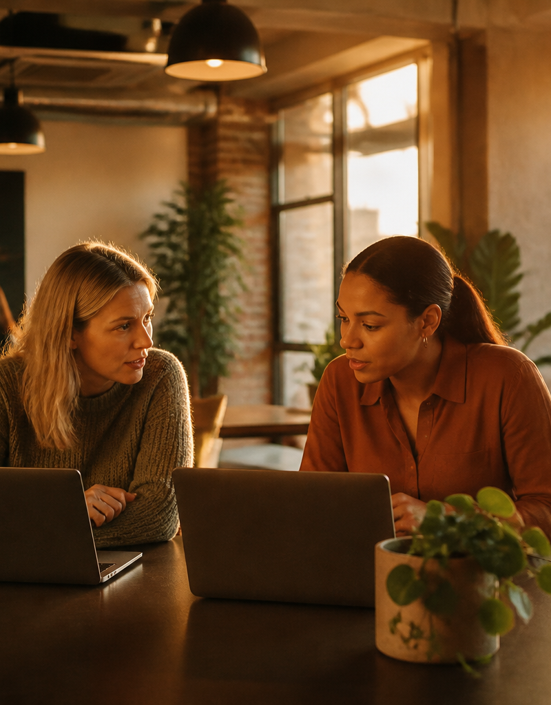 HR managers discussing employee reward programs in a British office