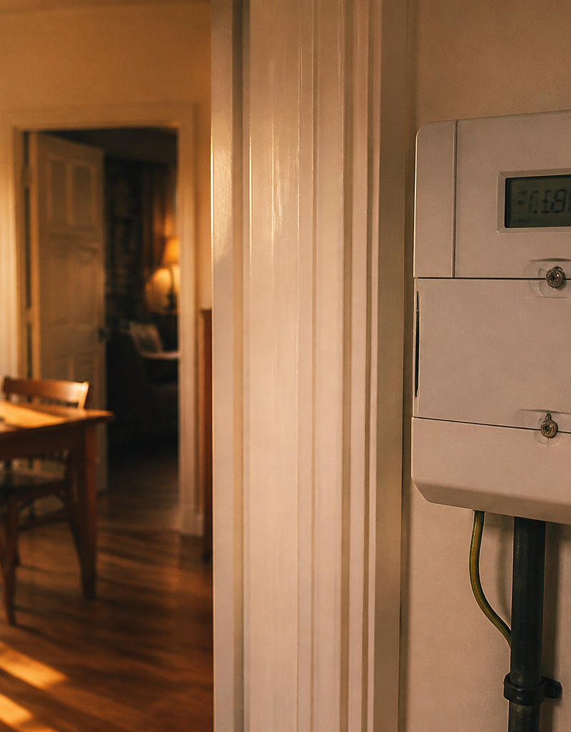 A modern digital electricity meter mounted inside a UK home.