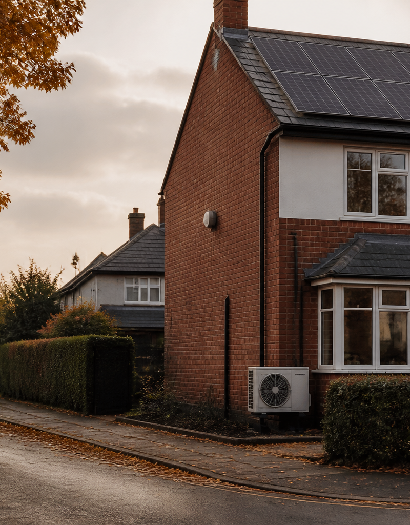 A British semi-detached house with rooftop solar panels and an outdoor heat pump unit.