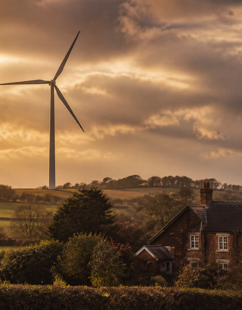 Onshore wind turbine in the British countryside supplying clean energy to nearby residential homes.