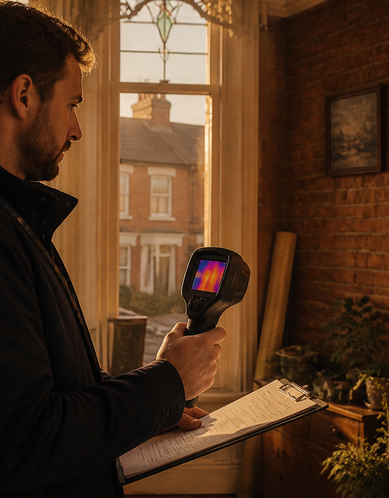 A retrofit assessor inspecting a Victorian house with a thermal imaging camera.