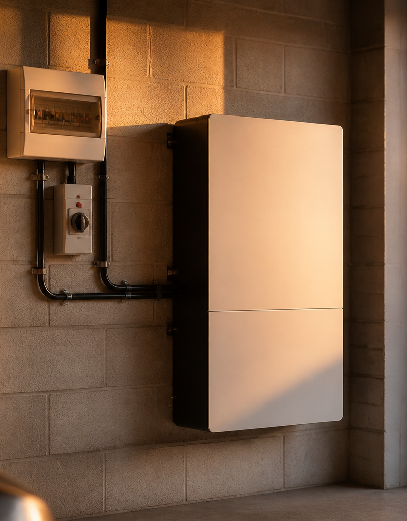 A modern home battery storage system mounted on a garage wall inside a UK house.