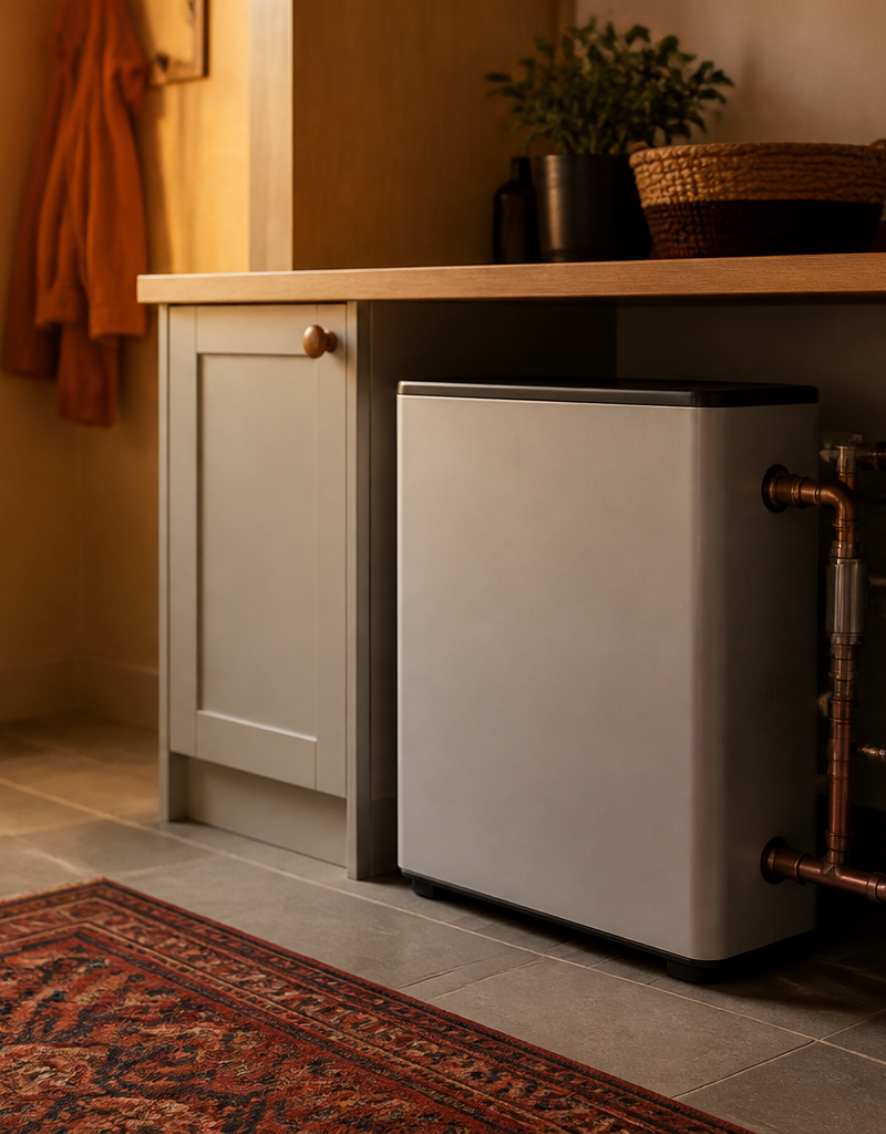 Compact thermal battery installed under a worktop in a UK home utility space