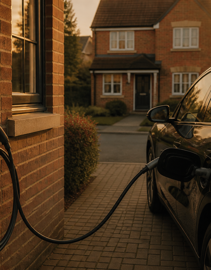 A wall-mounted smart EV charger installed on a brick house wall connected to an electric car in a UK driveway.
