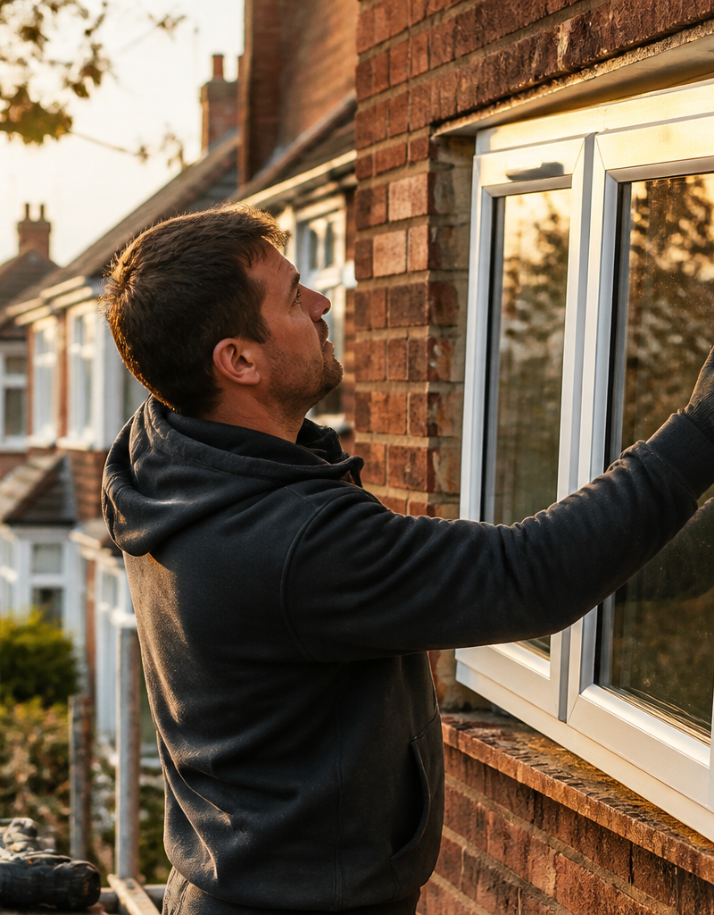 An installer fitting a energy efficient window unit on a red brick UK house.