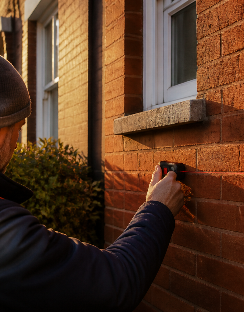 A retrofit assessor measuring the wall of a Victorian house in the UK.