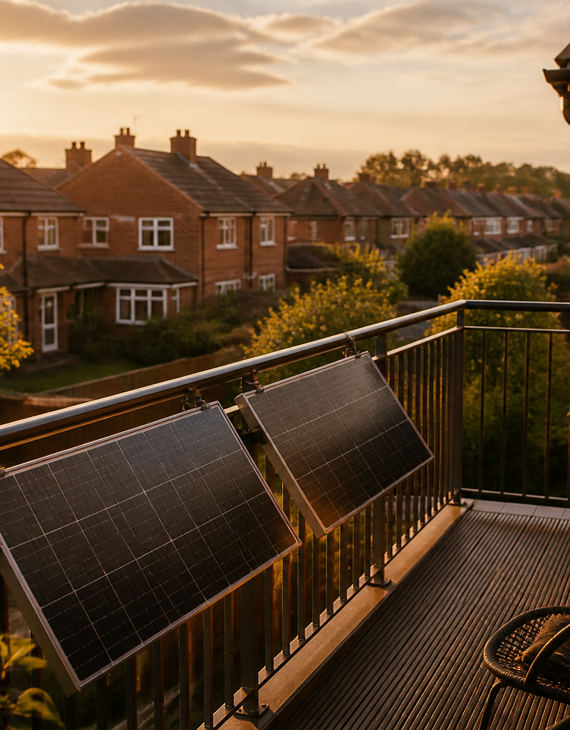 Two compact solar panels attached to a balcony railing on a modern UK residential building.