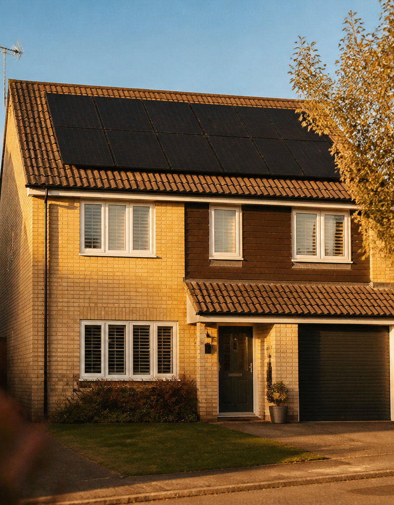 Rooftop solar PV panels installed on a residential house in the UK.