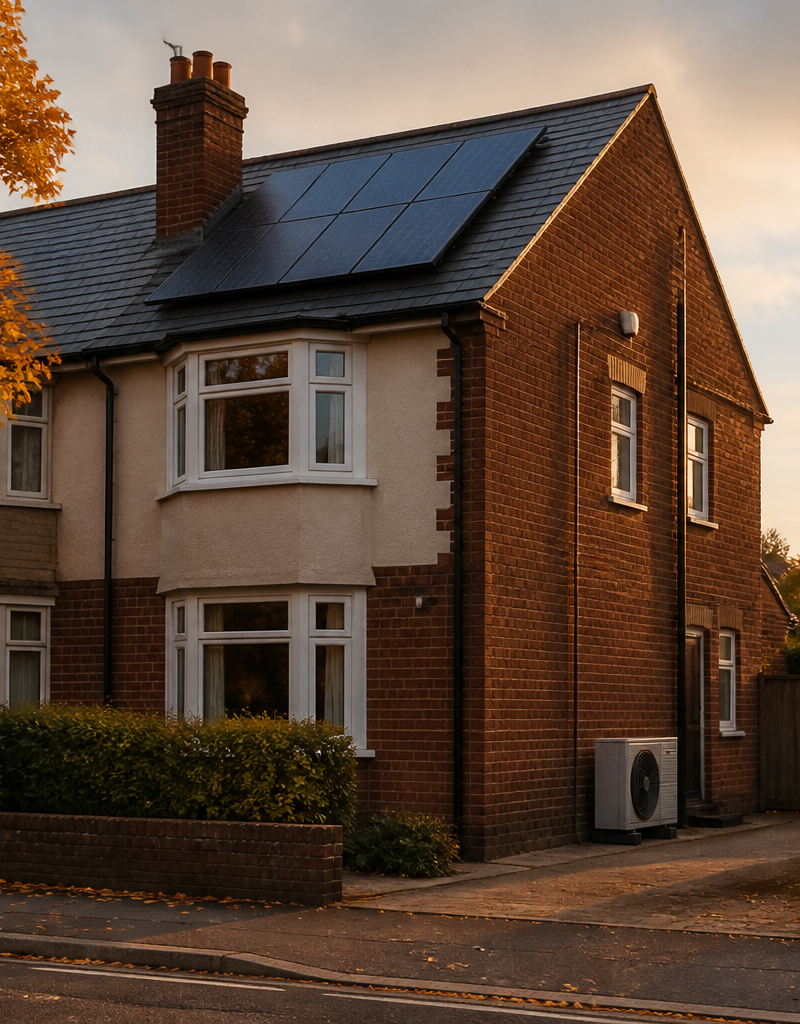 Solar panels on a slate roof and a heat pump unit outside a British home in autumn daylight.