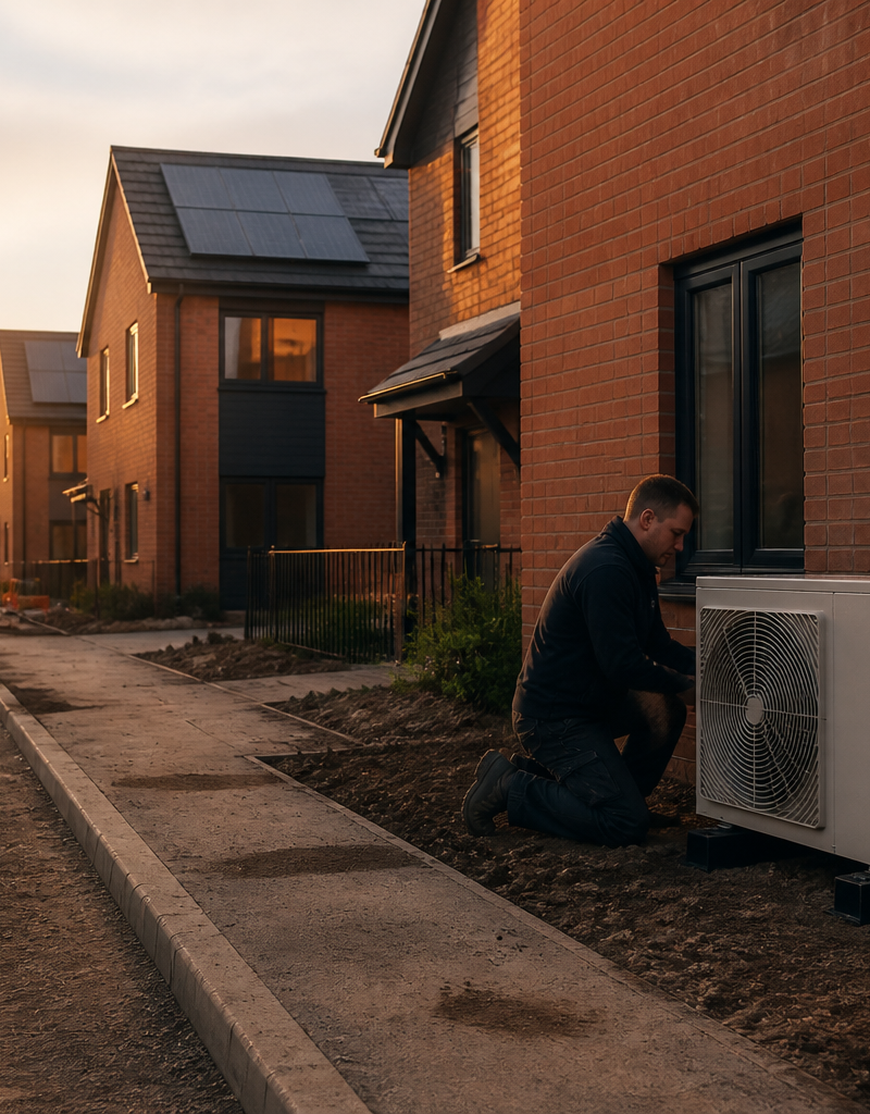 Newly constructed UK brick house with solar panels installed on the roof and a heat pump unit outside.