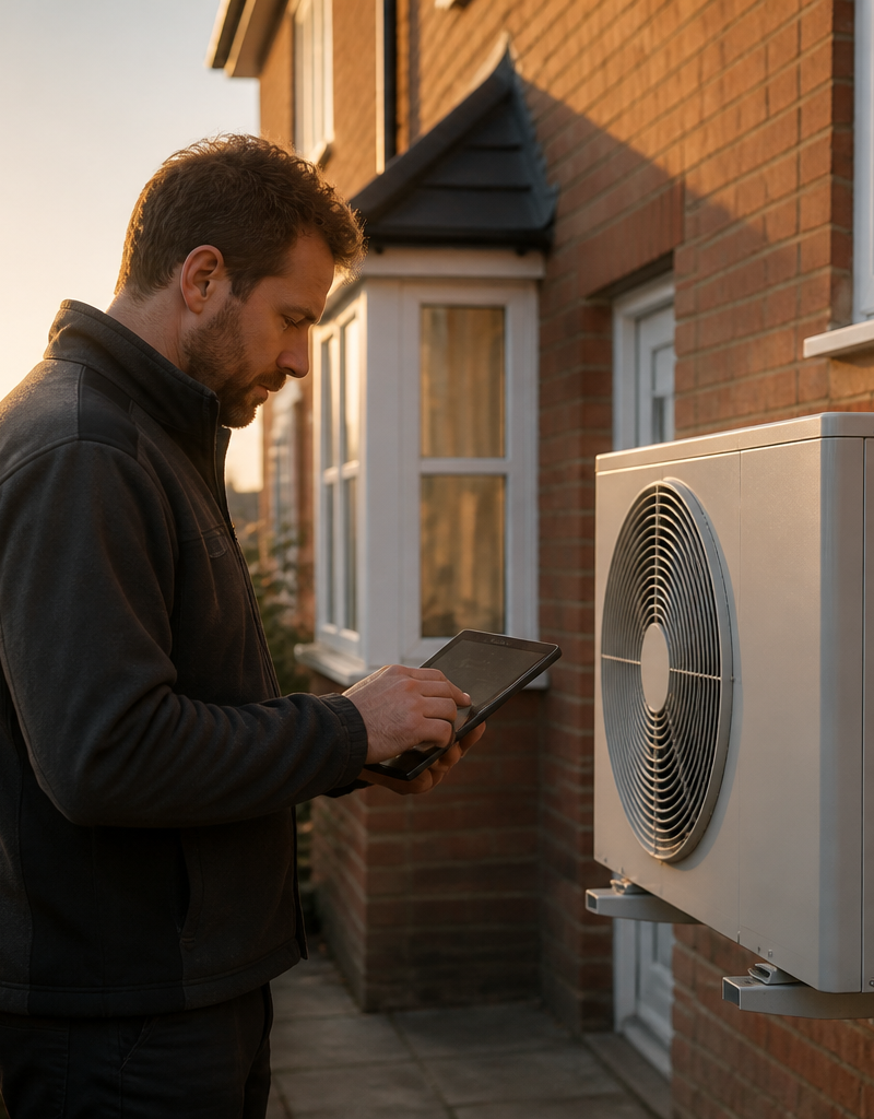 A Domestic Energy Assessor inspecting an outdoor heat pump unit beside a British semi-detached home.