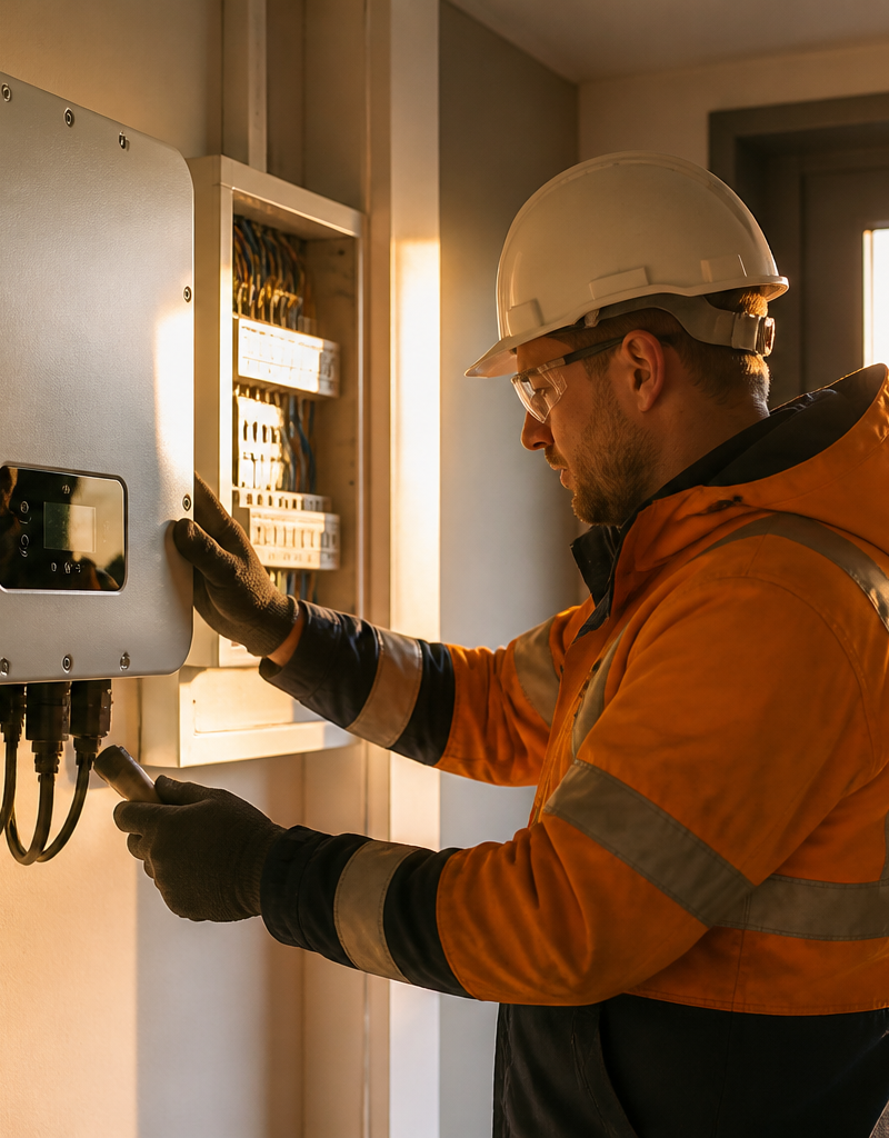 An electrician inspecting a wall-mounted solar inverter inside a UK domestic home.
