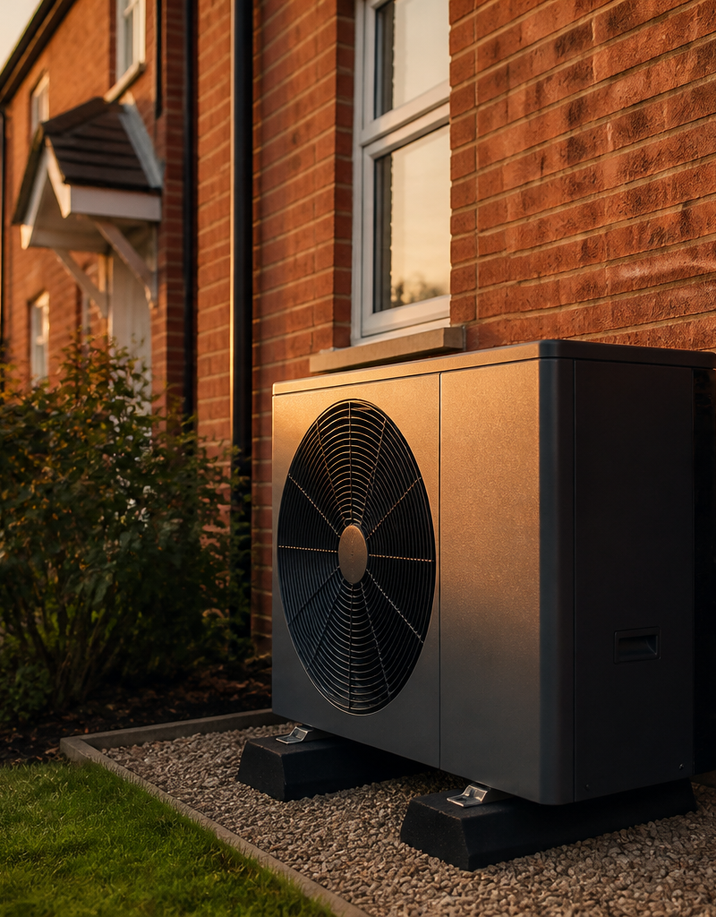 An outdoor air source heat pump unit installed beside a British red brick home with insulated pipework.