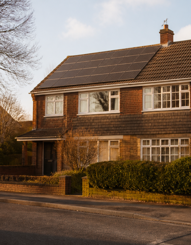 Rooftop solar panel array installed on a suburban UK house