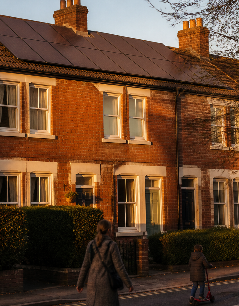Terraced house in England with solar panels on the roof under daytime skies