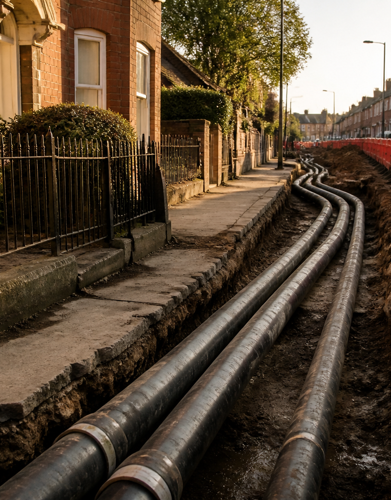 Engineers laying insulated heat network pipes underground on a residential British street.