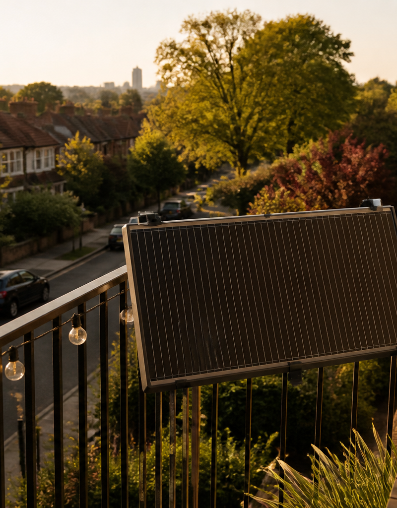 A compact plug-in solar panel mounted on a UK apartment balcony railing.
