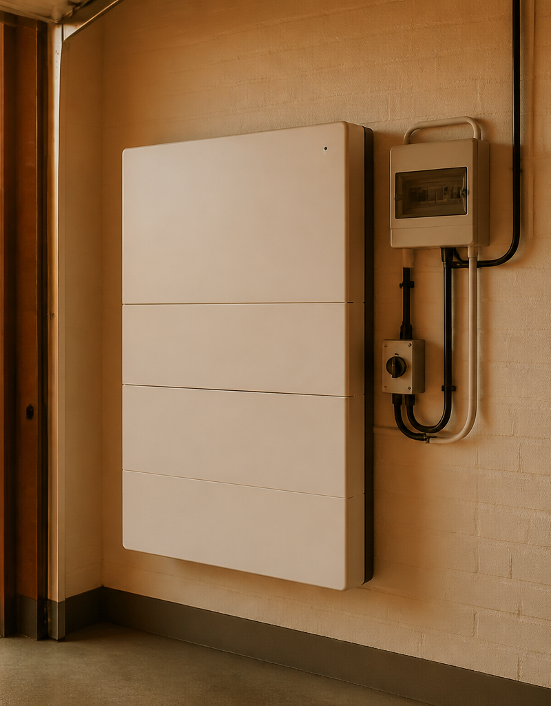 A home battery storage unit wall-mounted inside a clean UK garage alongside electrical equipment.