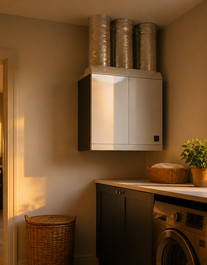 A wall-mounted mechanical ventilation unit with insulated ductwork in a UK domestic room.