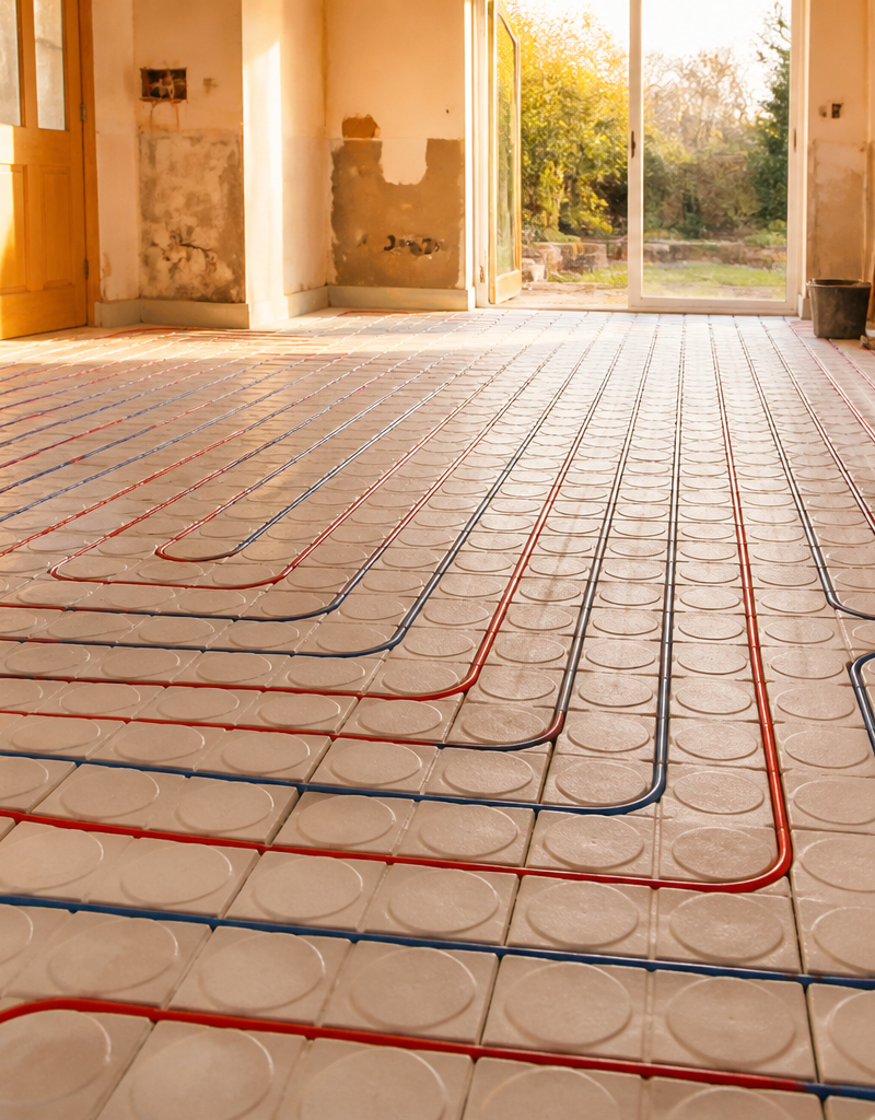 Low profile underfloor heating panels and pipework laid across a UK residential living room floor during installation.