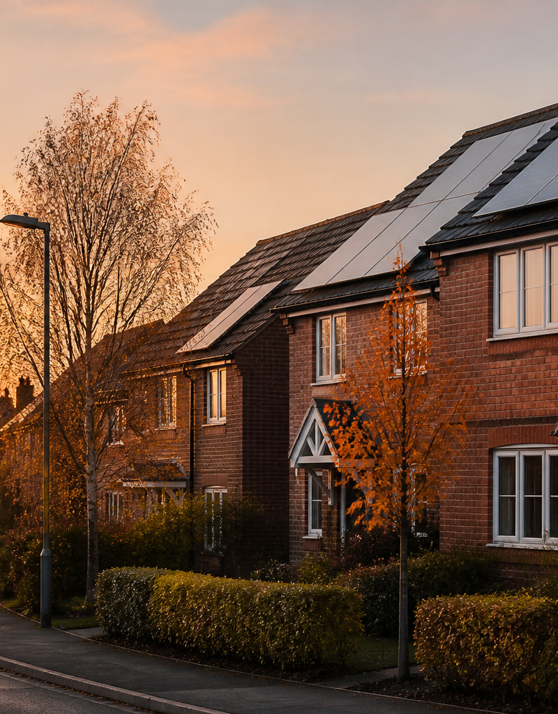 UK suburban residential street showing house roof fitted with solar PV panels