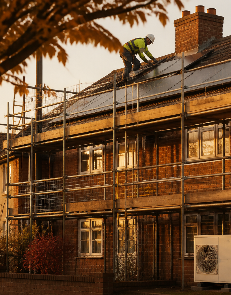 Terraced UK houses undergoing energy efficiency retrofits with solar panels and a heat pump installed.