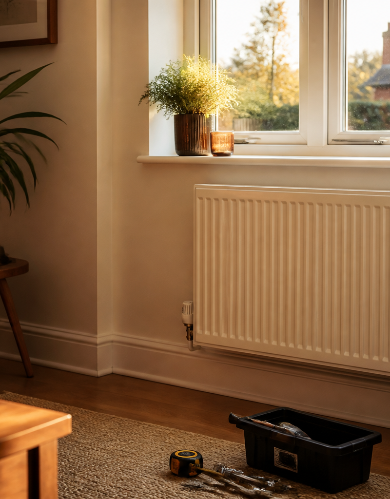 A white double panel radiator installed on a wall beneath a window in a UK home.