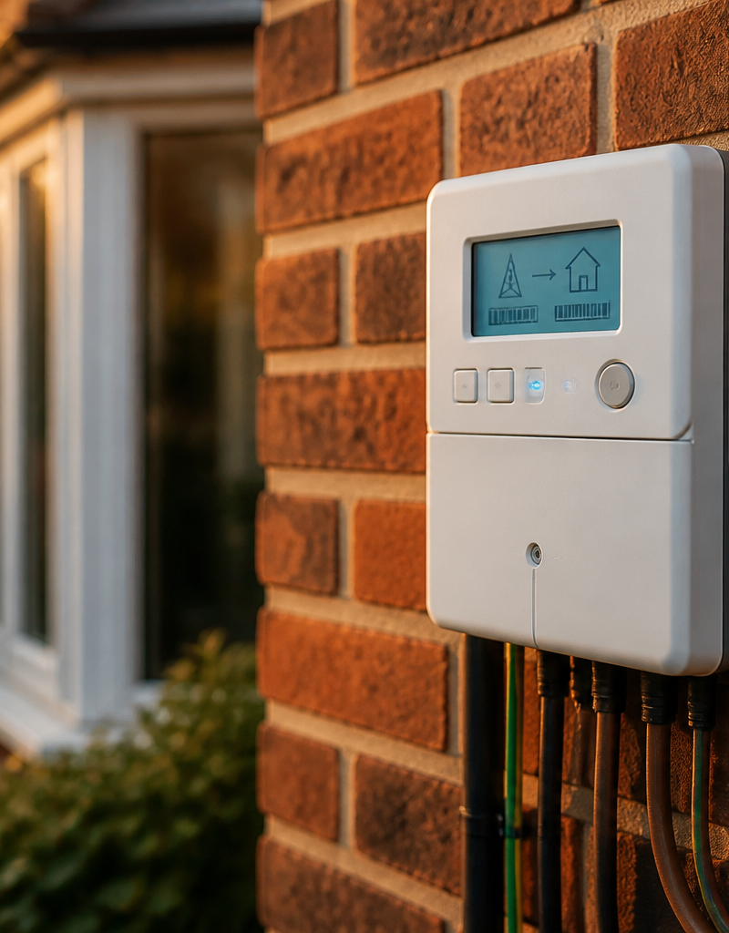 A modern SMETS2 smart energy meter fitted on a brick wall outside a UK home.