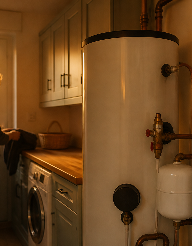 A digital solar hot water diverter controller installed on a utility room wall beside a hot water tank.