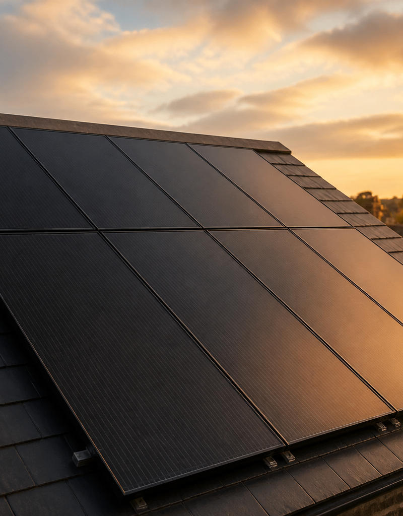 Solar panel array installed on a UK residential rooftop under a partly cloudy sky