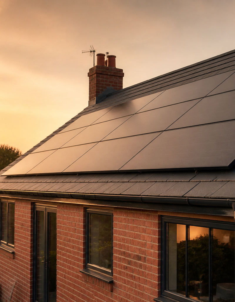Solar panel installation on a slate roof of a UK residential house.