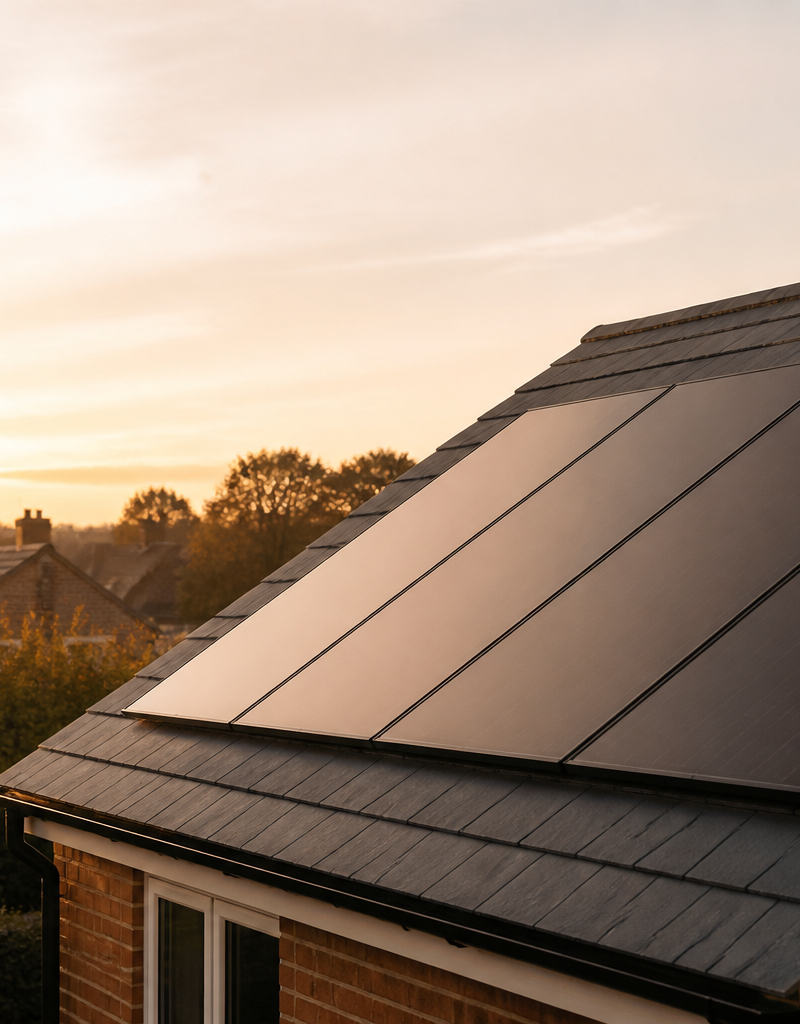 Black solar panels installed on a residential slate roof in the UK.