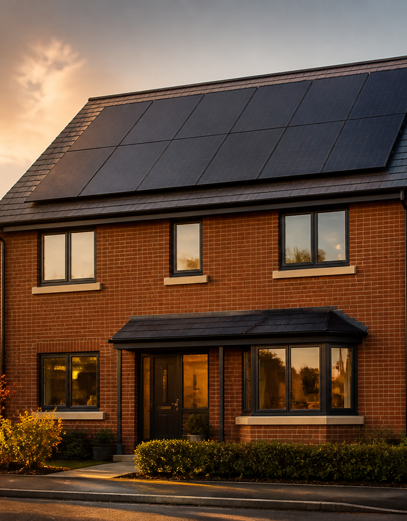Rooftop solar panel installation on a contemporary UK brick house roof.